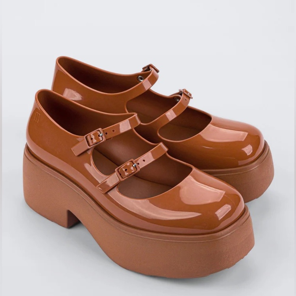 Melissa Platform Mary Jane Shoes in Tan Brown with Black Straps - Picture 2 of 13
